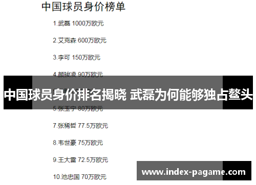 中国球员身价排名揭晓 武磊为何能够独占鳌头